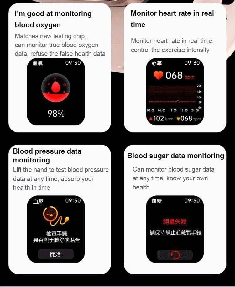 All day monitoring of heart rate,blood sugar, and blood pressure Bluetooth fashion watch support 24 languages